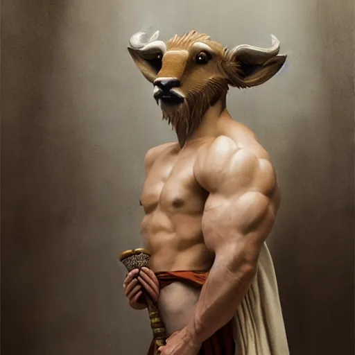 Image similar to antelope deer wolf reptile furry hairy fluffy bodybuilder wearing a monk robes holding incense burner. natural lighting by ruan jia, portrait