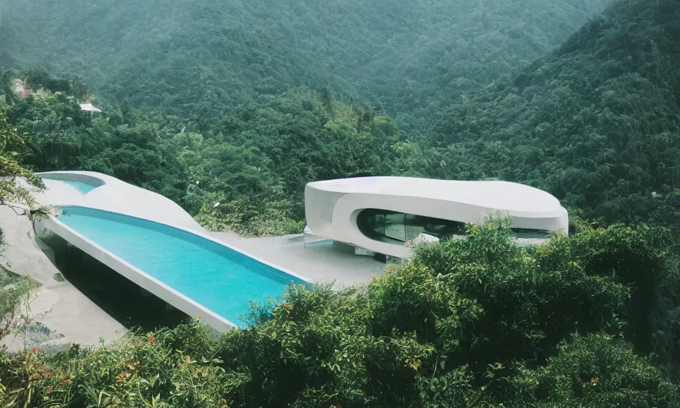 Prompt: 35mm film still, morning light over futuristic low-Fi villa in mountains high up, view over valley, fog in valley, the beach at a tropical island, vivid , color palette of gold, infinity pool in front of house