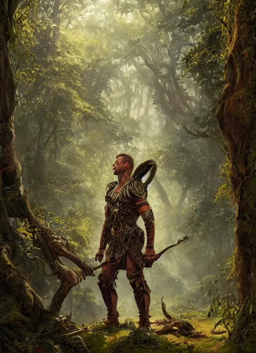 Prompt: intricate detailed portrait painting of a male warrior on a beautiful forest meadow, temple ruins surrounded by lush forest, afternoon, art by ralph horsley and swanland and tyler edlin and artgerm and greg rutkowski, atmospheric lighting, dynamic lighting