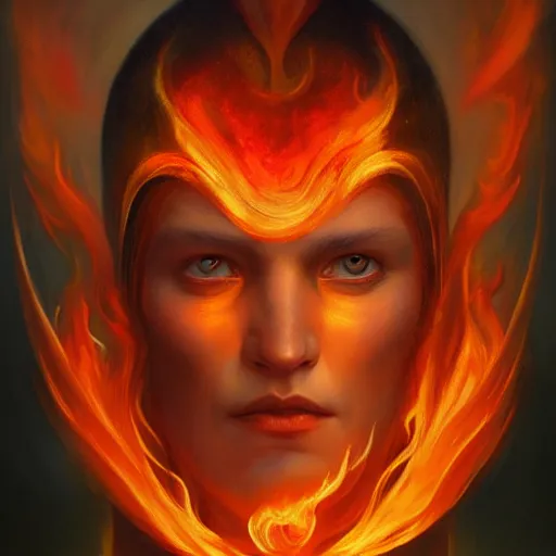Prompt: a beautiful portrait of a flame god by Jim Burns and Tom Bagshaw, Trending on Artstation, Flaming Background