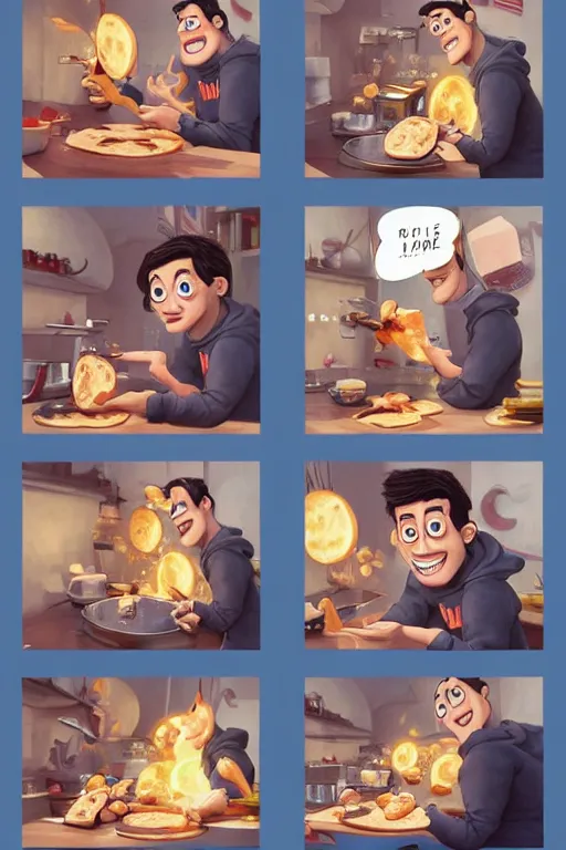 Image similar to pete davidson making pancakes, animation pixar style, by pendleton ward, magali villeneuve, artgerm, rob rey and kentaro miura style, golden ratio, trending on art station