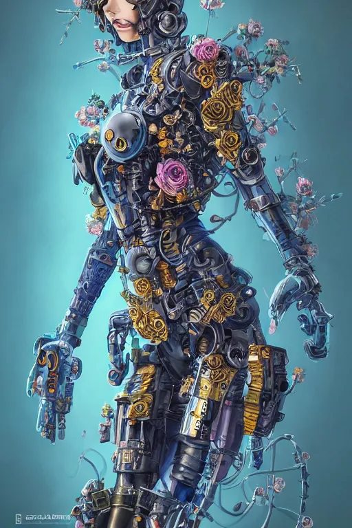 Image similar to full body head to toe portrait of a flowerpunk sci-fi cyborg ninja, third person, D&D, sci-fi fantasy, intricate, blue and gold, daisy and rose and peony, highly detailed, art by Range Murata, highly detailed, 3d, octane render, bright colors, digital painting, trending on artstation, sharp focus, illustration style of Stanley Artgerm, dramatic background