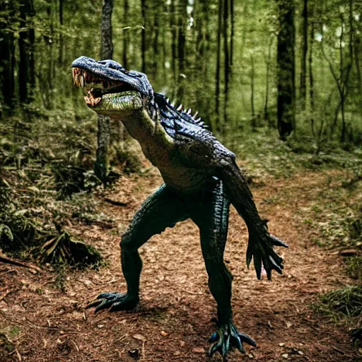 Image similar to werecreature consisting of a human and crocodile, photograph captured in a forest