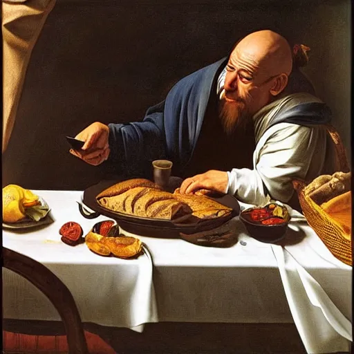 Image similar to sleepy dude, eating breakfast, and scrolling twitter on his phone. In style of Caravaggio