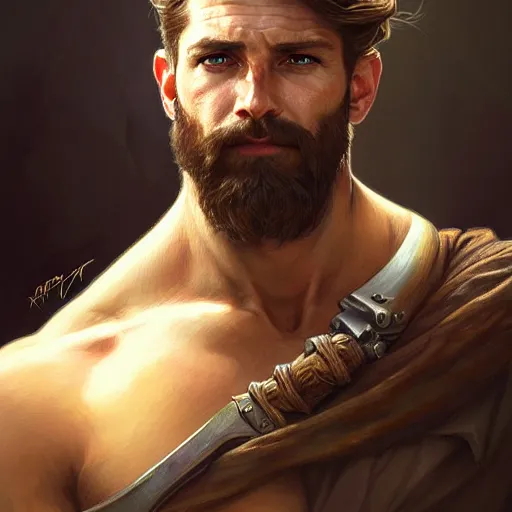 Image similar to Portrait of rugged male ranger, D&D, amber eyes, face, long hair, muscular, fantasy, intricate, elegant, highly detailed, digital painting, artstation, concept art, smooth, sharp focus, illustration, art by artgerm and greg rutkowski and alphonse mucha