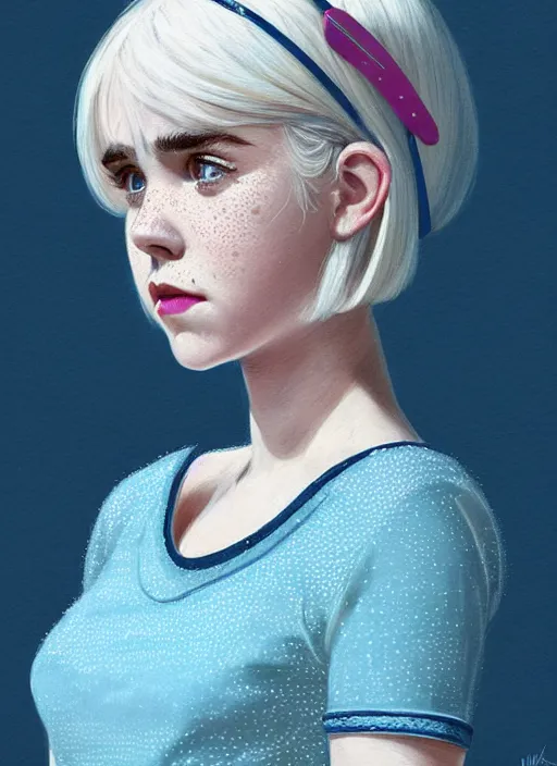 Prompt: portrait of kiernan shipka with freckles, white hair, big 1 9 6 0 s bob hairstyle with bangs and hairband, blue 1 9 6 0 s dress, intricate, elegant, glowing lights, highly detailed, digital painting, artstation, concept art, smooth, sharp focus, illustration, art by wlop, mars ravelo and greg rutkowski