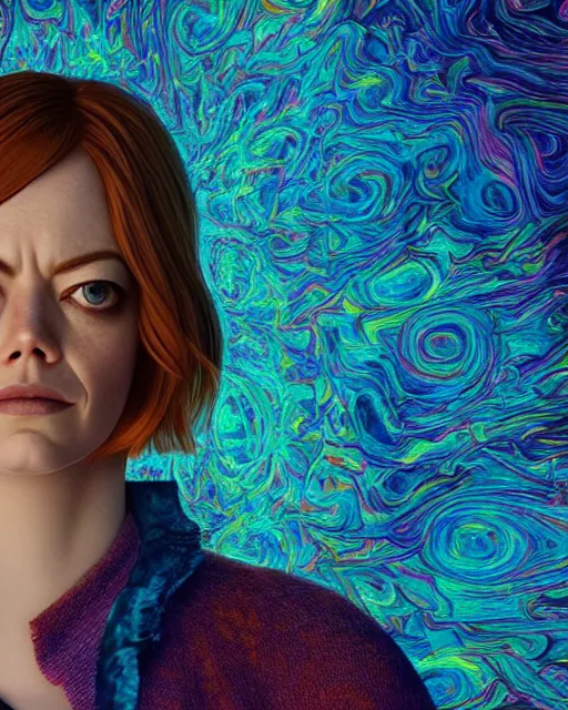 Image similar to portrait ultra dimensional emma stone, accidentally tripping on dmt and acid, psychedelic experience, overwhelming psychosis of self realization and burning awakening, ultra high definition, unreal engine 5, hyperrealism, masterpiece composition, by casey weldon, barclay shaw 8 k photorealistic