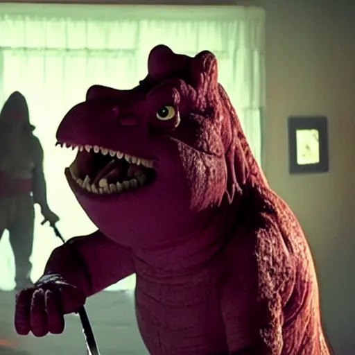 Image similar to movie still, screenshot from film, barney the dinosaur hiding in the shadows holding a katana, ready to kill, horror thriller movie, promotional, directed by m night shyamalan