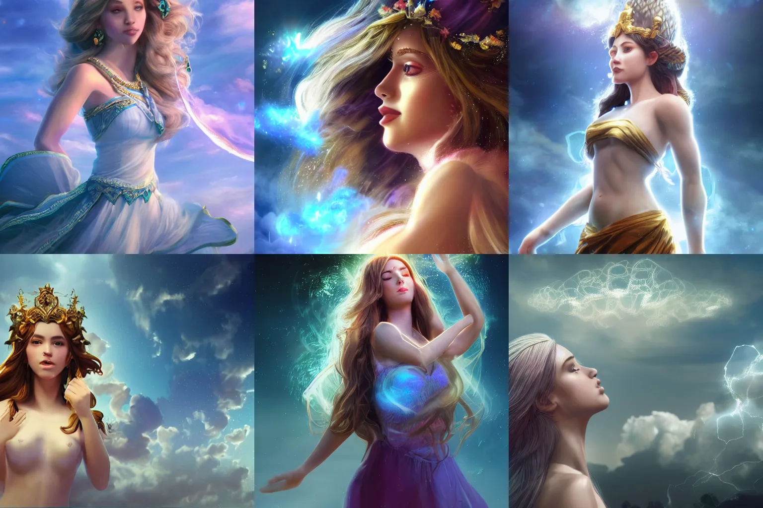 Prompt: a beautiful female goddess of the clouds character, character is in all its glory, character is in her natural relaxed pose, full body shot, rim lights, particles and dust in the air, fancy clouds, highly detailed professional photo, dynamic lights, particles are flying, depth of field, trending on artstation, professional illustration, hyper realistic, vray caustics, super detailed, colorful accents, cinematic shot