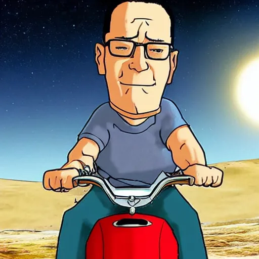 Image similar to photorealistic Hank hill from “King of the Hill” wearing a full suit of medieval armor, riding a lawnmower on the moon, National Geographic photo