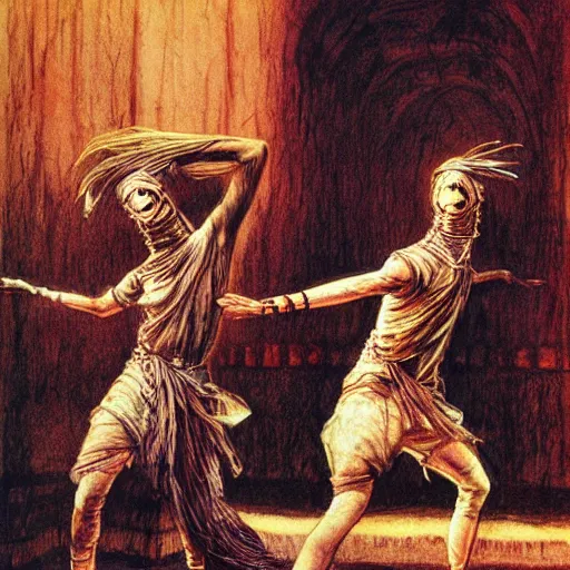 Image similar to a mummy dances, graphic novel style by alan lee and john howe