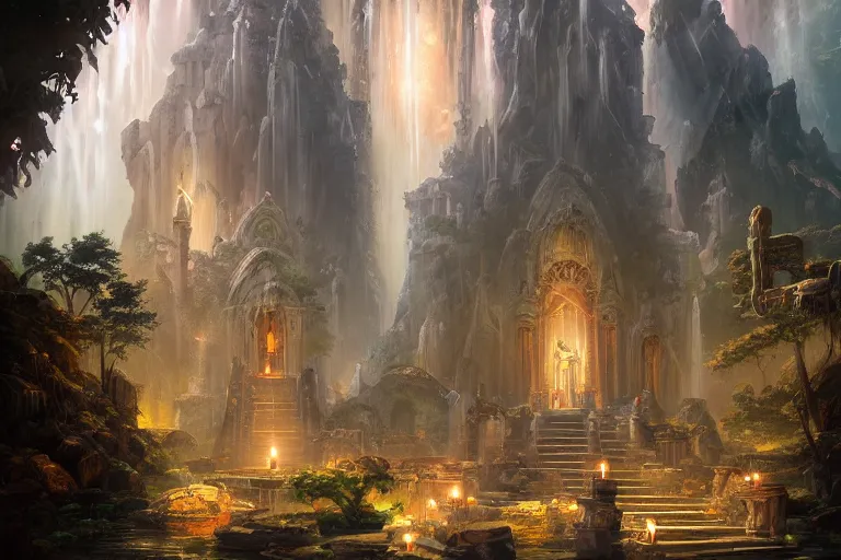 Prompt: Detailed Exterior of Temple Ruins, Cascading Waterfalls, light of god, light shafts, candles, stunning atmosphere, in Style of Peter Mohrbacher, cinematic lighting