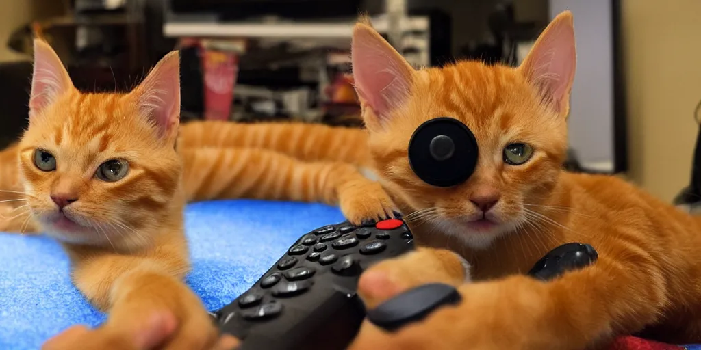 Image similar to an orange tabby kitten playing video games by richard scary