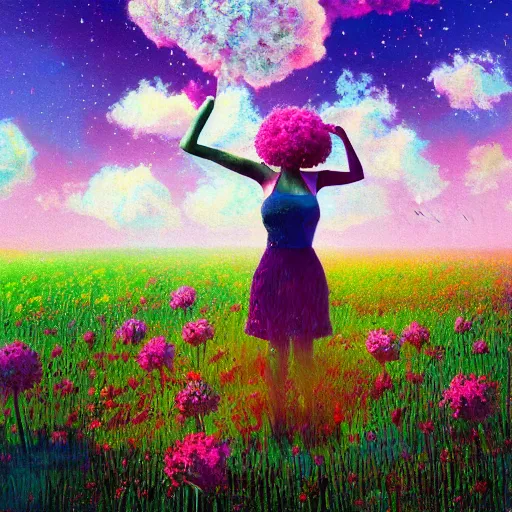 Image similar to exploding flower afro, full body, girl standing in the middle of a field with flowers, surreal photography, hills, sunrise dramatic light, impressionist painting, colorful clouds, digital painting, pointillism, artstation, simon stalenhag