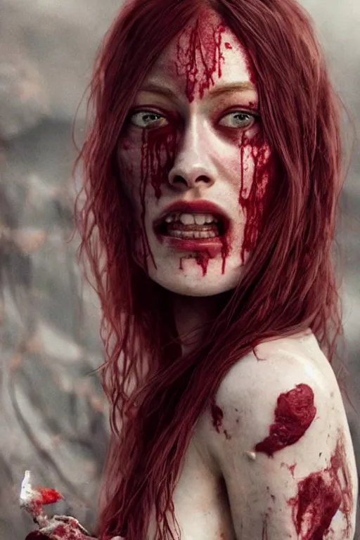 Prompt: pale woman covered with blood, olivia wilde face!!!, red hair, skeleton tattoo!, ultra realistic, concept art, intricate details, highly detailed, 4 5 mm. photorealistic, octane render, 8 k, unreal engine. film still, heavy grain, 3 5 mm, art by artgerm and greg rutkowski and alphonse mucha