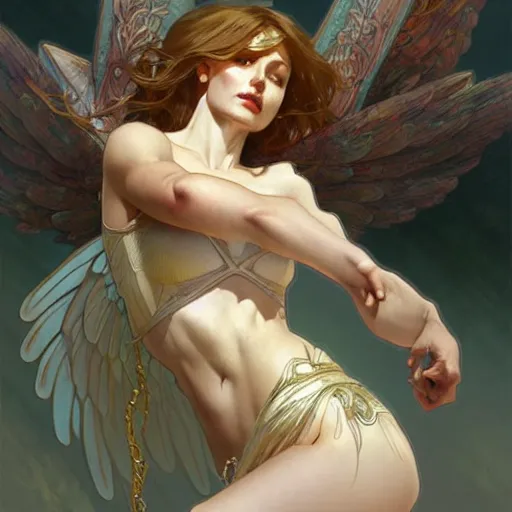 Prompt: Winged girl angel, fantasy, intricate, elegant, highly detailed, digital painting, artstation, concept art, smooth, sharp focus, illustration, art by Krenz Cushart and Artem Demura and alphonse mucha