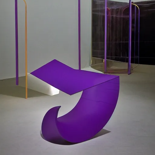 Prompt: an abstract sculpture by michel de broin in purple wax floating in jean prouve design