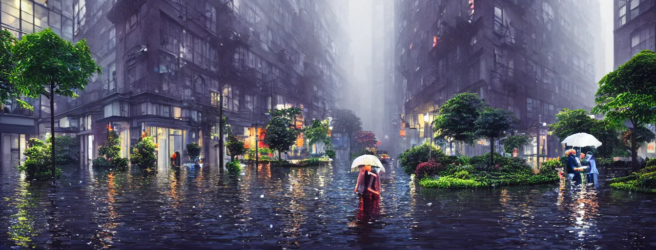 Image similar to raining night at flooded miniature new york city, emotion is on the rise on the town, cute style garden, octane render, trees, evergreen, patio, garden, wet atmosphere, tender, soft light misty yoshitaka amano, and artgerm, pixel art