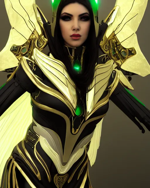 Image similar to sultry egyptian queen wearing white dove wings, warframe armor, regal, attractive, ornate, sultry, elize theron, pretty face, green eyes, scifi platform, 4 k, ultra realistic, epic lighting, illuminated, cinematic, black gold, art by akihito tsukushi, voidstar