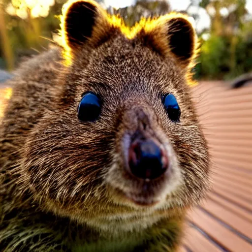 Prompt: quokka taking a selfie, golden hour, realistic