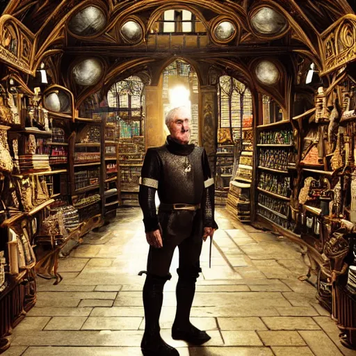 Image similar to full body portrait of Dennis hopper as a devious medieval lord standing on the right inside a big medieval Shop with tall windowpane, shelves full of medieval goods, morning light, dramatic lighting, high contrast, trending on artstation, style of midjourney, unreal engine, octane render, intricate details, 8k high definition, beauriful, ornate, hyperrealistic