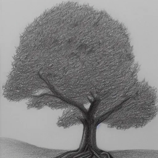 Image similar to oak tree on a hill, pencil drawing, detailed