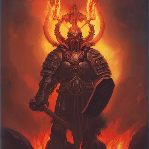 Image similar to head and shoulders portrait of a paladin fire giant, wreathed in flame, d & d, fantasy, greg rutkowski, frank frazetta, alexandre chaudret, boris vallejo, michael whelan, miro petrov, hr giger, magali villeneuve, donato giancola