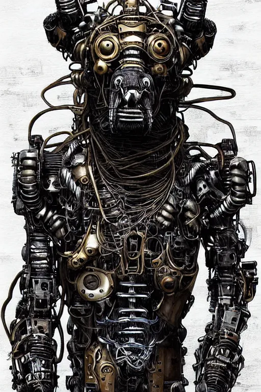 Image similar to wild monstorous anthropomorphic biomechanical bear warrior wearing dreadlocks made of cables and wires. Upgraded with hightech cyberwares. huge, big, giant bear human hybrid, mecha animal, tall, detailed woodcut armor, terrifying and dangerous, scary, beautiful, steampunk monster android hybrid art portrait, matte scifi fantasy painting, half robot half bear. DeviantArt Artstation, by Jason Felix by Steve Argyle by Tyler Jacobson by Peter Mohrbacher, cinematic lighting