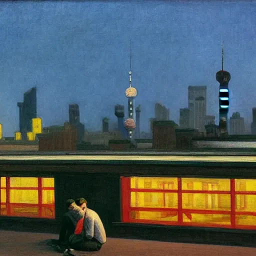 Image similar to a small rooftop with company of people sitting, shanghai bund is on the background, night, by edward hopper