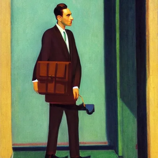 Prompt: dog wearing a suit and holding a brief case on his way to work by edward hopper