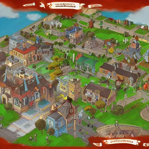 Image similar to a town map with town hall and playground, artstation, concept art, ghibli