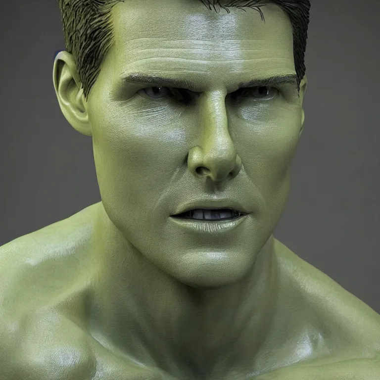 Prompt: studio photograph of hyperrealistic accurate portrait sculpture of tom cruise, beautiful symmetrical!! face accurate face detailed face realistic proportions, made of green colored glass on a pedestal by ron mueck and matthew barney and greg rutkowski, hyperrealism cinematic lighting shocking detail 8 k