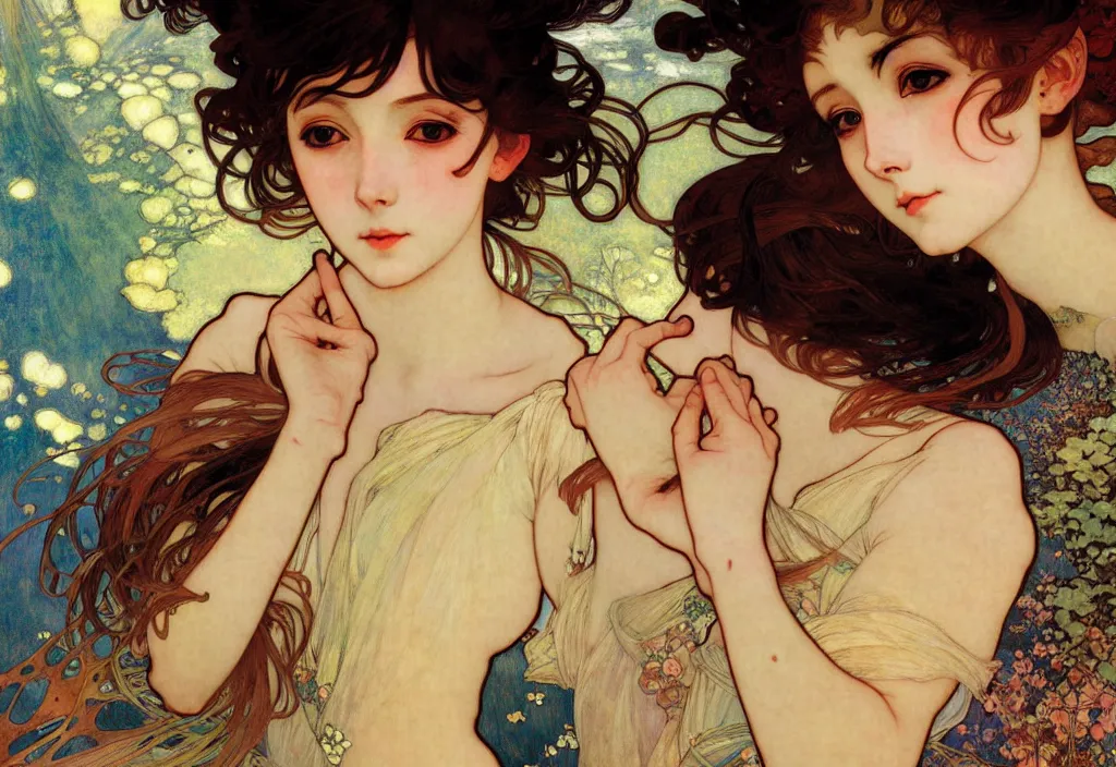 Image similar to anime girl portrait of highly details, solarpunk style,, by egon shiele and alphonse mucha, with influence of jeremy mann, peter lindbergh, dave mckean, maurice sapiro, and frank moth, soft lightning, highly detailed, 8 k