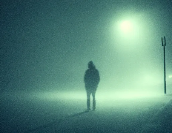 Image similar to film photograph of vagrant at night volumetric fog