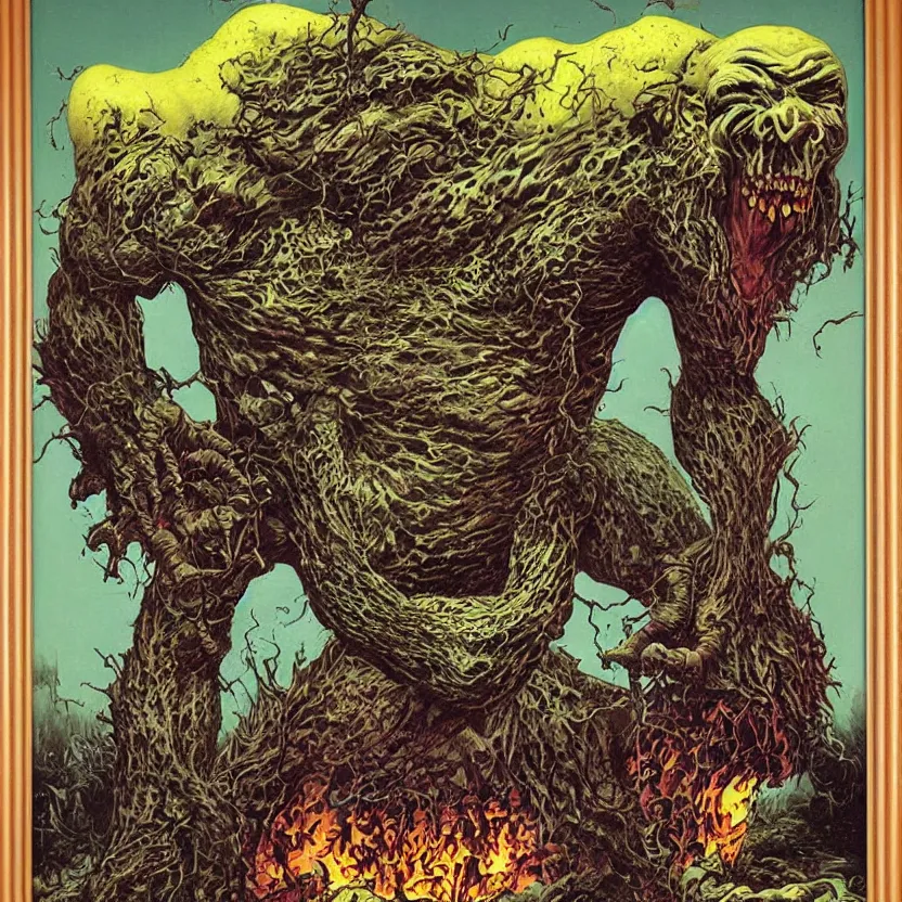 Prompt: a monster reaching through a framed painting, by richard corben. pulp horror