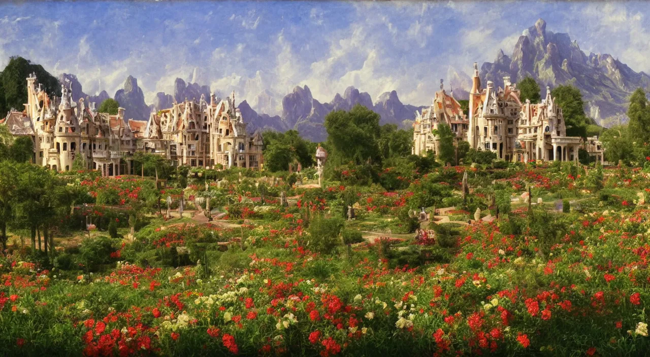 Prompt: a manor designed by Antoni Gaudí, with flower fields as foreground, with mountains as background, by Thomas Cole