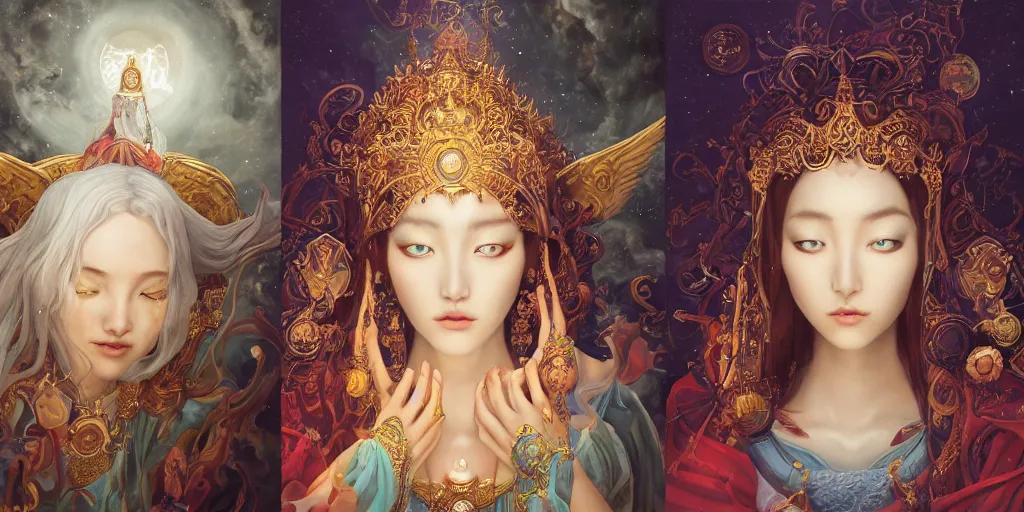 Prompt: breathtaking detailed concept art painting of the goddess of the universe, orthodox saint, with anxious, piercing eyes, ornate background, sun on left moon on right, by Hsiao-Ron Cheng, James jean, Miho Hirano, Hayao Miyazaki, extremely moody lighting, 8K