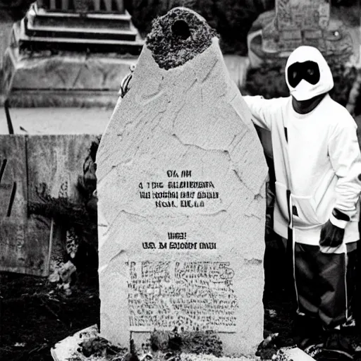 Image similar to rapper MF DOOM standing next to a hollowed out grave and coffin