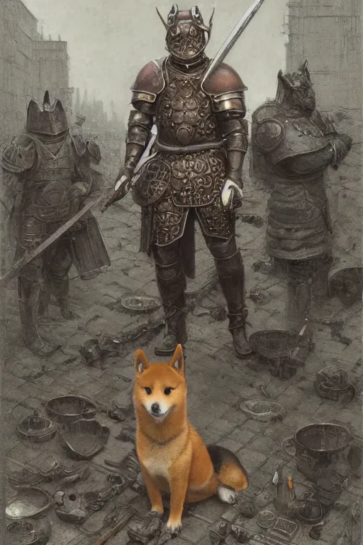 Image similar to a detailed matte portrait of an anthropomorphic shiba inu in steel plate armor, shiba inu face, very large longsword leaning against the side of a tavern, city streets, masterpiece, 8 k, art by donato giancola and greg rutkowski and wayne barlow and zdzisław beksinski