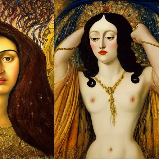 Image similar to oil painting of Queen of Ecstasy, Hungarian, curly dark hair, fair skin, veil by Georgia o Keeffe, by Marcel Jankowicz, by Botticelli, by Gustave Moreau,minimalist