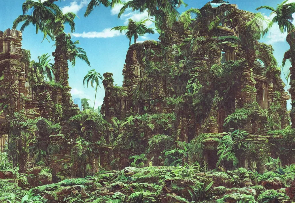 Image similar to a tropical alien world, ancient ruins, by roger dean, david a. hardy, syd dutton