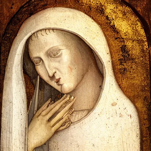 Image similar to realistic medieval painting portrait of white angel with clean narrow face like noface, 3 / 4, miracle light coming up from the head up and up, misty space, grace and blessing, by hieronymus bosch, by leonardo da vinci, by theophanes the greek, by andrei rublev, renaissance, christianity, marble stone, glow effect, white background