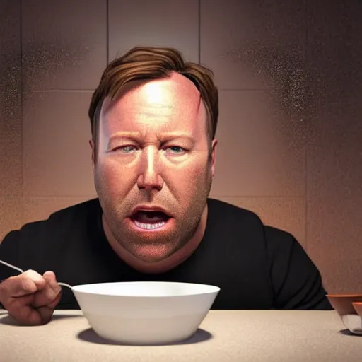 Image similar to hyperrealistic mixed media image of info wars alex jones eating dinner on the toilet, stunning 3 d render inspired art by xiang duan and thomas eakes and greg rutkowski, perfect facial symmetry, hyper realistic texture, realistic, highly detailed attributes and atmosphere, dim volumetric cinematic lighting, 8 k octane detailed render, post - processing, masterpiece,