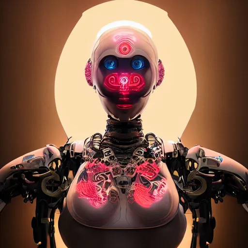 Image similar to An extremely beautiful biomechanical female looking robot with large Emoji tattoos, chimeric organism, pale skin, organic polycarbon, full frontal portrait, ex machina, highly detailed, mendelbrot fractal, ray tracing, hyperdetailed, hyperrealistic, oppai cyberpunk, octane render, hdri, 4k