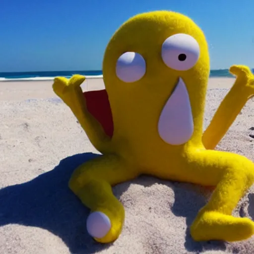 Image similar to lemonman cartoon character is relaxing on a beach, inspired by dalle 2 generations.