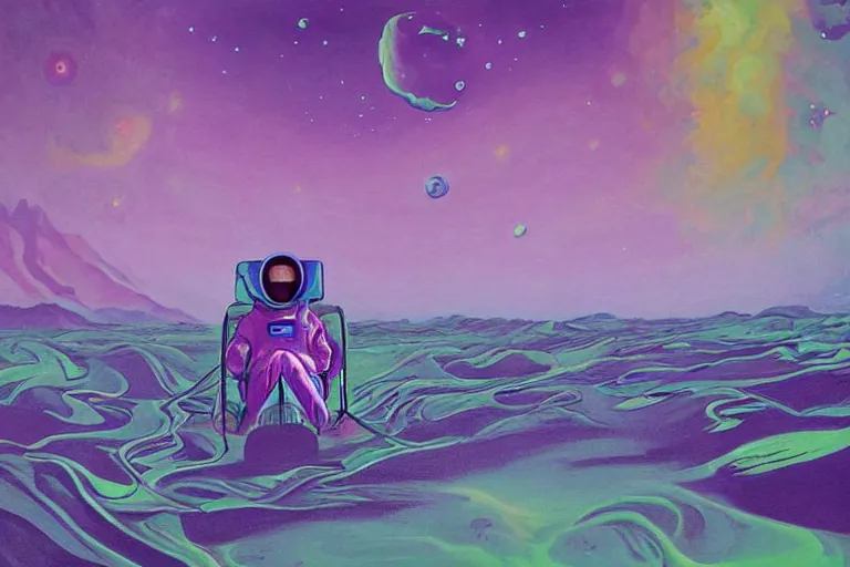 Image similar to surreal painting by chesley bonestelll!!, an astronaut sitting in the sand + a river + psychedelic vegetation + purple, pink, blue + planets and stars + mystic fog, 5 0's vintage sci - fi style, rule of third!!!!, line art, 8 k, super detailed, high quality