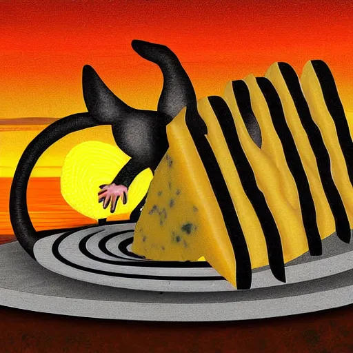 Prompt: rat made of slices of cheese with a sunset in the background, digital art