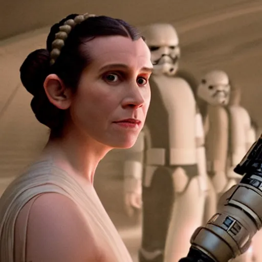 Image similar to rachel levine as princess leia in star wars episode 6, 8k resolution, full HD, cinematic lighting, award winning, anatomically correct