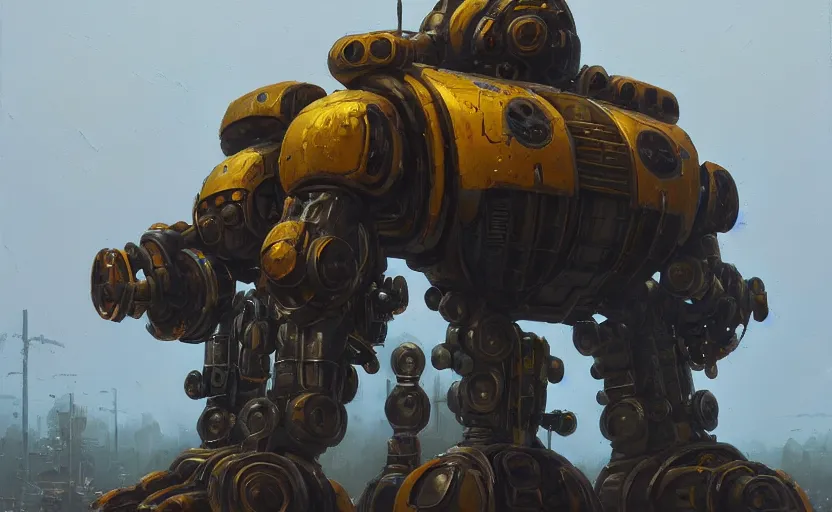 Image similar to an intricate oil painting of a giant armored plated metal mecha by simon stalenhag, rust, yellow and black trim, trending on artstation