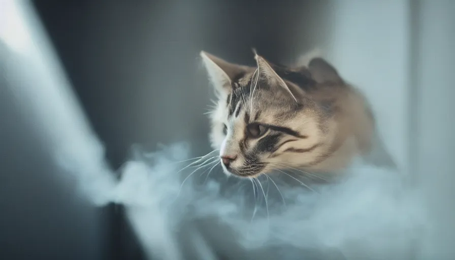 Image similar to cat smoking cigarette and leaning out a window, cinematic lighting, close-up, cinematography